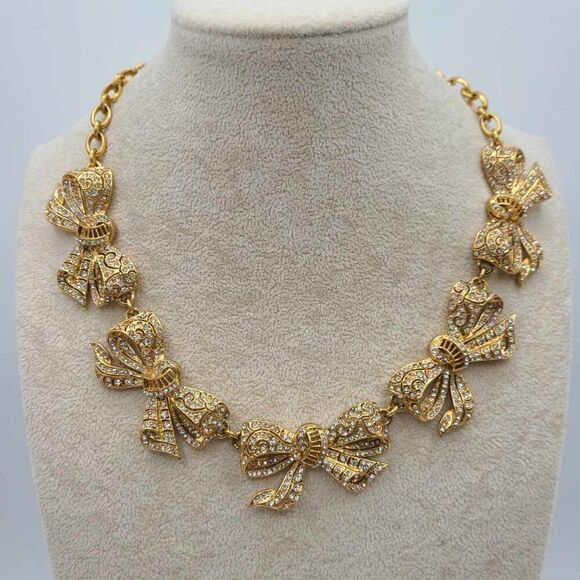 J Crew Clear Crystal Gold Tone Bow Necklace NWOT! - Picture 1 of 9